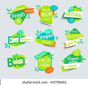 Modern vector set of healthy organic food labels, tags, emblems, logo for meal and drink,cafe, restaurants and  products packaging.Vector illustration.