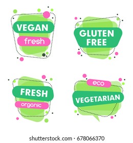Modern vector set of healthy vegan, vegetarian, organic food labels, tags, emblems, logo for meal and drink, cafe, restaurants and products packaging.Vector illustrated.