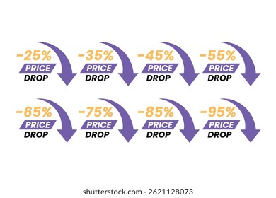 A modern vector set of price drop discount labels featuring gradient purple arrows and bold percentage numbers. Perfect for e-commerce, online sales, marketing promotions, and retail advertising.