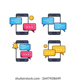 Modern vector set of smartphone chat UI with message bubbles and notifications. Perfect for mobile app illustrations and user interface design elements.