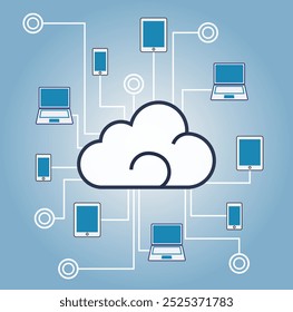 Um vetor moderno que mostra a computação em nuvem com dispositivos interconectados, como notebooks, smartphones e tablets. Ele simboliza a transferência de dados e a conectividade digital em um estilo limpo.