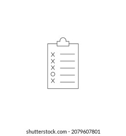 Modern vector sign for sites, apps, advertisement, banners, internet pages. Editable stroke. Line icon of circle and crosses against long thin lines on paper sheet on clipboard