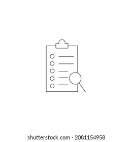 Modern vector sign for sites, apps, advertisement, banners, internet pages. Editable stroke. Line icon of magnifying glass next to clipboard for study, science, research