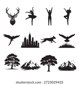 Modern Vector Silhouette Icons Set – Animals, City Skyline, Nature Graphics