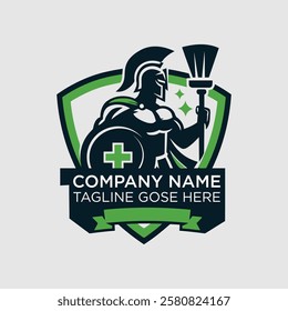 Modern vector simple cleaner warrior spartan logo design icon template.  cleaning service vector illustration for brand, company, service. Cleaning Service Gladiator Logo. gladiator holding a broom.