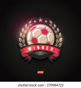 Modern vector soccer championship winner gold emblem with olive branch and red ribbon