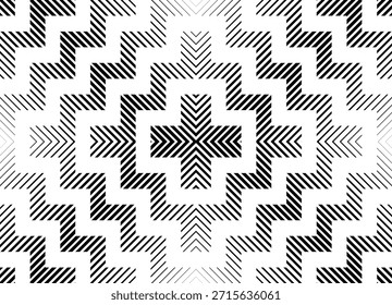 Zigzag de rayas de Vector moderno. Patrón simétrico de líneas rotas negras sobre un fondo blanco. Fondo de Vector para cubiertas, publicidad, textiles. Arte mural, laberintos Abstractas. pasos. Cruz