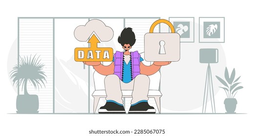 Carácter vectorial moderno de un hombre con candado y almacenamiento en la nube.