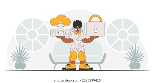 Carácter de estilo vectorial moderno, con candado y almacenamiento en la nube.