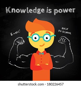 Modern vector stylish illustration about power of knowledge. Boy nerd in glasses staying on the top of blackboard with chalk illustration. 