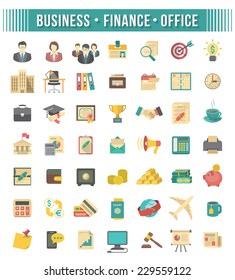 Modern vector stylized flat business and financial icons set isolated on white. Office supplies, business people, money icons, accounting and banking icons. User interface and application design.