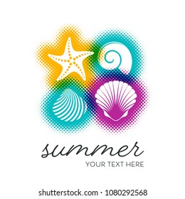 Modern vector summer card with seashells halftone design