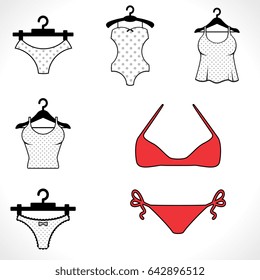 Modern Vector Swimsuits Isolated on White Background. Black Fashion Bikini Icon