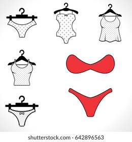 Modern Vector Swimsuits Isolated on White Background. Black Fashion Bikini Icon