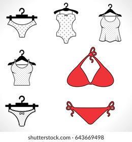 Modern Vector Swimsuits Isolated on White Background. Black Fashion Bikini Icon