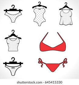 Modern Vector Swimsuits Isolated on White Background. Black Fashion Bikini Icon