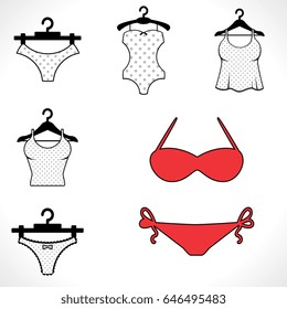 Modern Vector Swimsuits Isolated on White Background. Black Fashion Bikini Icon