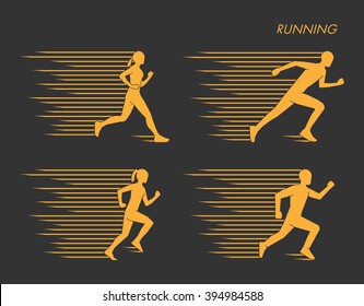 Modern vector symbol for run. Gold set of silhouettes of runners.