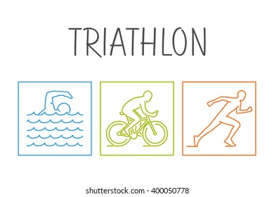 Modern vector symbol for triathlon. Outline set of silhouettes of athlete. Vector figure triathlete. Stylish logo for triathlon on white background.