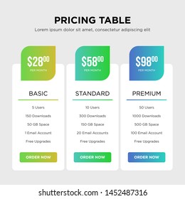 Modern vector table with basic, standard and premium pricing plans on grey background