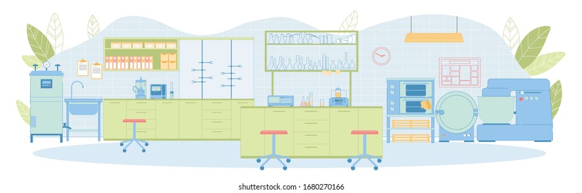 Modern Vector Technological Laboratory Empty Interior with Funnel, Washbasin, Wall Mounted Furniture, Mixer, Incubator, Scales, Thermostat, Concentration Meter, Measurement Analysis, Glassware