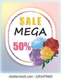 Modern vector template for advertising discounts. Bright, eye-catching card with floral elements. Vector illustration EPS10. Store flyer. Red, yellow, purple, blue. Poster sale.