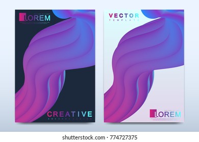Modern vector template for bi fold brochure, leaflet, flyer, cover, catalog, magazine or annual report in A4 size. Abstract background with fluid multicolored waves. Futuristic trendy design.