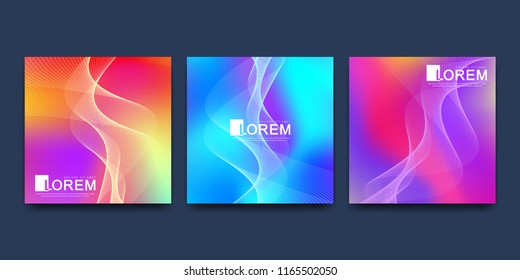 Modern vector template for brochure, cover, banner. Abstract fluid 3d shapes vector trendy liquid colors backgrounds set with colored dynamic waves, lines, particles.