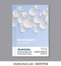 Modern vector template for brochure cover in A4 size. Paper apples with drop shadows hanging on strings. Blue pastel background. Vector illustration.