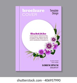 Modern vector template for brochure cover in A4 size. Corner composition of mallows, white flowers, green leaves and herbs. White round banner with place for your text on violet background.