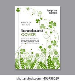 Modern vector template for brochure cover in A4 size. Beautiful green grass, circles and flying ribbons with clover isolated on white background. 