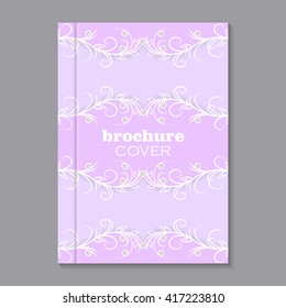 Modern vector template for brochure cover in A4 size. Pink pastel background with vintage swirl pattern and pearls. 