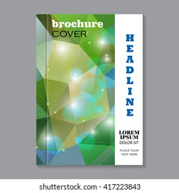 Modern vector template for brochure cover in A4 size.  Green polygonal mosaic background. Business, science, medicine and technology design.