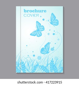 Modern vector template for brochure cover in A4 size. Beautiful natural background with blue grass, circles and flying butterflies.