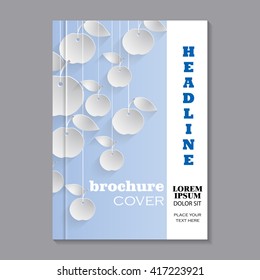 Modern vector template for brochure cover in A4 size. Paper apples with drop shadows hanging on strings. Blue pastel background. Vector illustration.
