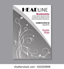 Modern vector template for brochure cover in A4 size. White floral pattern with shadow on gray background.