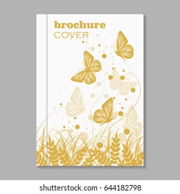 Modern vector template for brochure cover in A4 size. Beautiful natural background with yellow grass, circles and flying butterflies.