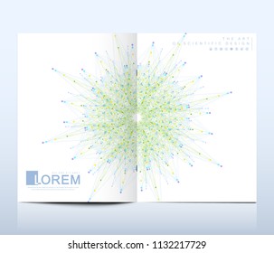 Modern vector template for brochure, leaflet, flyer, cover, catalog in A4 size. DNA helix, DNA strand, molecule or atom, neurons. Abstract structure for Science or medical background