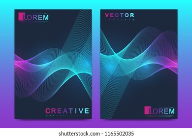 Modern vector template for brochure, leaflet, flyer, cover, catalog, magazine, banner or annual report. A4 size. Business, science and technology design with colored dynamic waves, line and particles