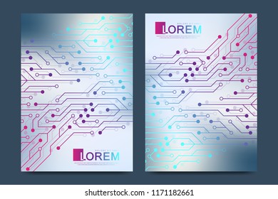 Modern vector template for brochure, leaflet, flyer, cover, catalog, magazine, banner or annual report. Computer motherboard background with circuit board electronic texture, engineering concept, A4.