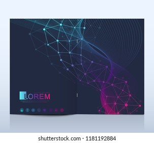 Modern vector template for brochure, leaflet, flyer, cover, catalog in A4 size. DNA helix, DNA strand, molecule or atom, neurons. Abstract structure for Science or medical background