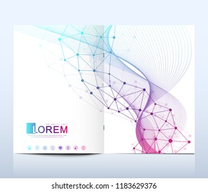 Modern vector template for brochure, leaflet, flyer, cover, catalog in A4 size. DNA helix, DNA strand, molecule or atom, neurons. Abstract structure for Science or medical background