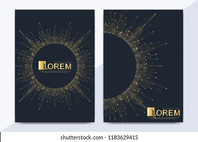Modern vector template for brochure, leaflet, flyer, cover, banner, catalog, magazine, or annual report in A4 size. Futuristic science and technology design. Presentation with mandala. Lines plexus