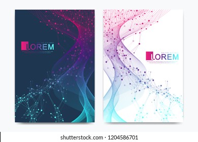 Modern vector template for brochure, leaflet, flyer, cover, banner, catalog, magazine, or annual report in A4 size. DNA helix, DNA strand, molecule or atom, neurons. Wave flow. Lines plexus.