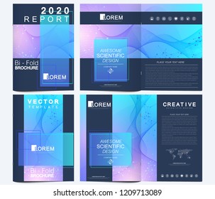Modern vector template for brochure, leaflet, flyer, cover, banner, catalog, magazine, or annual report in A4 size. DNA helix, DNA strand, molecule or atom, neurons. Wave flow. Lines plexus.