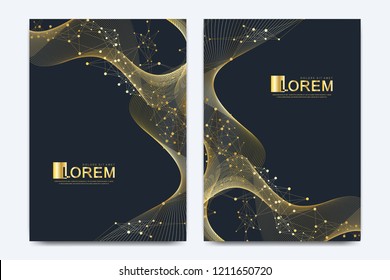 Modern vector template for brochure, leaflet, flyer, cover, catalog, magazine, banner or annual report. A4 size. Business, science and technology design with golden dynamic waves, line and particles