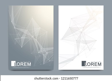 Modern vector template for brochure, leaflet, flyer, cover, banner, catalog, magazine, or annual report in A4 size. Futuristic science and technology design. Geometric graphic background molecule.