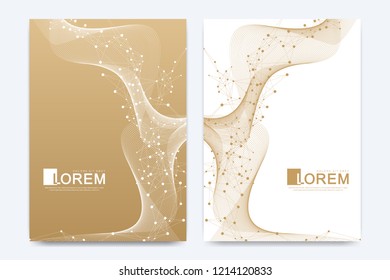 Modern vector template for brochure, leaflet, flyer, cover, catalog, magazine, banner or annual report. A4 size. Business, science and technology design with golden dynamic waves, line and particles
