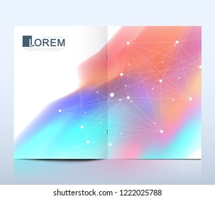 Modern vector template for brochure, leaflet, flyer, cover, catalog in A4 size. DNA helix, DNA strand, molecule or atom, neurons. Abstract structure for Science or medical background.