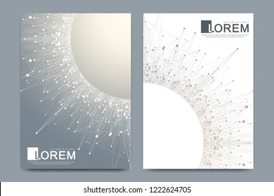 Modern vector template for brochure, leaflet, flyer, cover, banner, catalog, magazine, or annual report in A4 size. Futuristic science and technology design. Presentation with mandala. Lines plexus